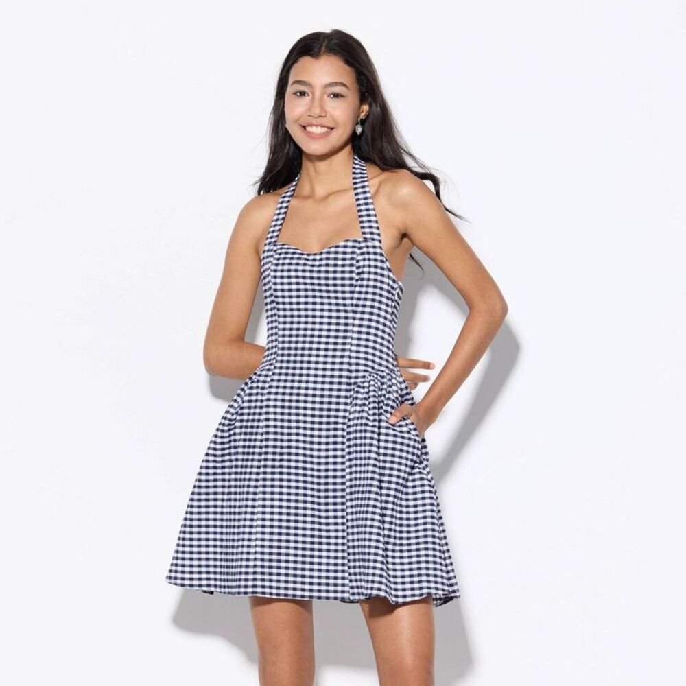 wild fable Navy and White Gingham Strapless Halter Dress